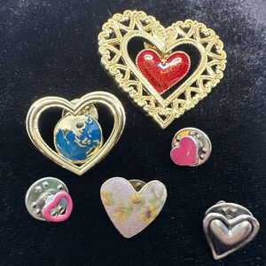 Vintage Heart Pin Set of 6 Globe Pink Red Avon Pinback Enamel Brooch